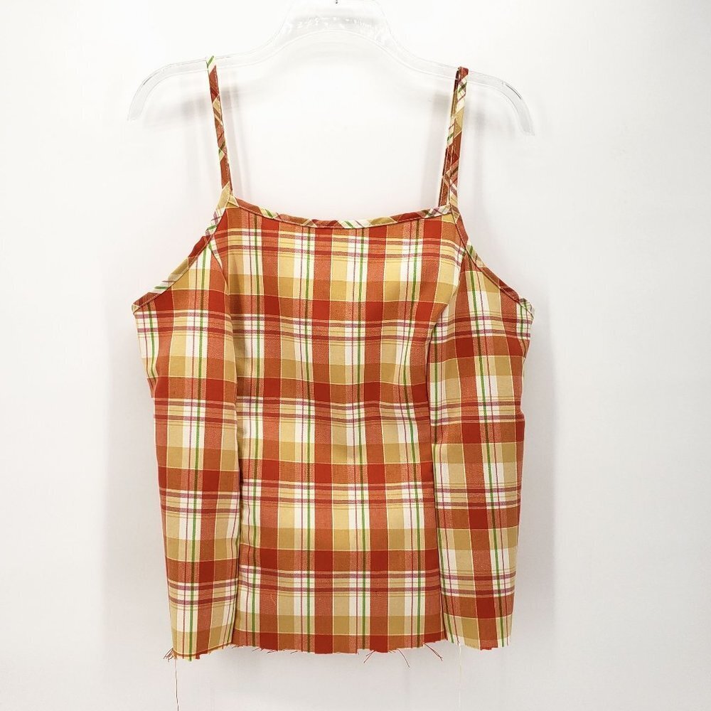 URBAN RENEWAL Vintage Plaid Fabric Tank Raw Hem Spaghetti Strap Orange Pumpkin L